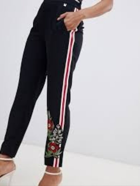 Ted Baker Pants - Ted Baker Madlyne Trousers Slim Fit Crop Track Stripe Embroidered Black